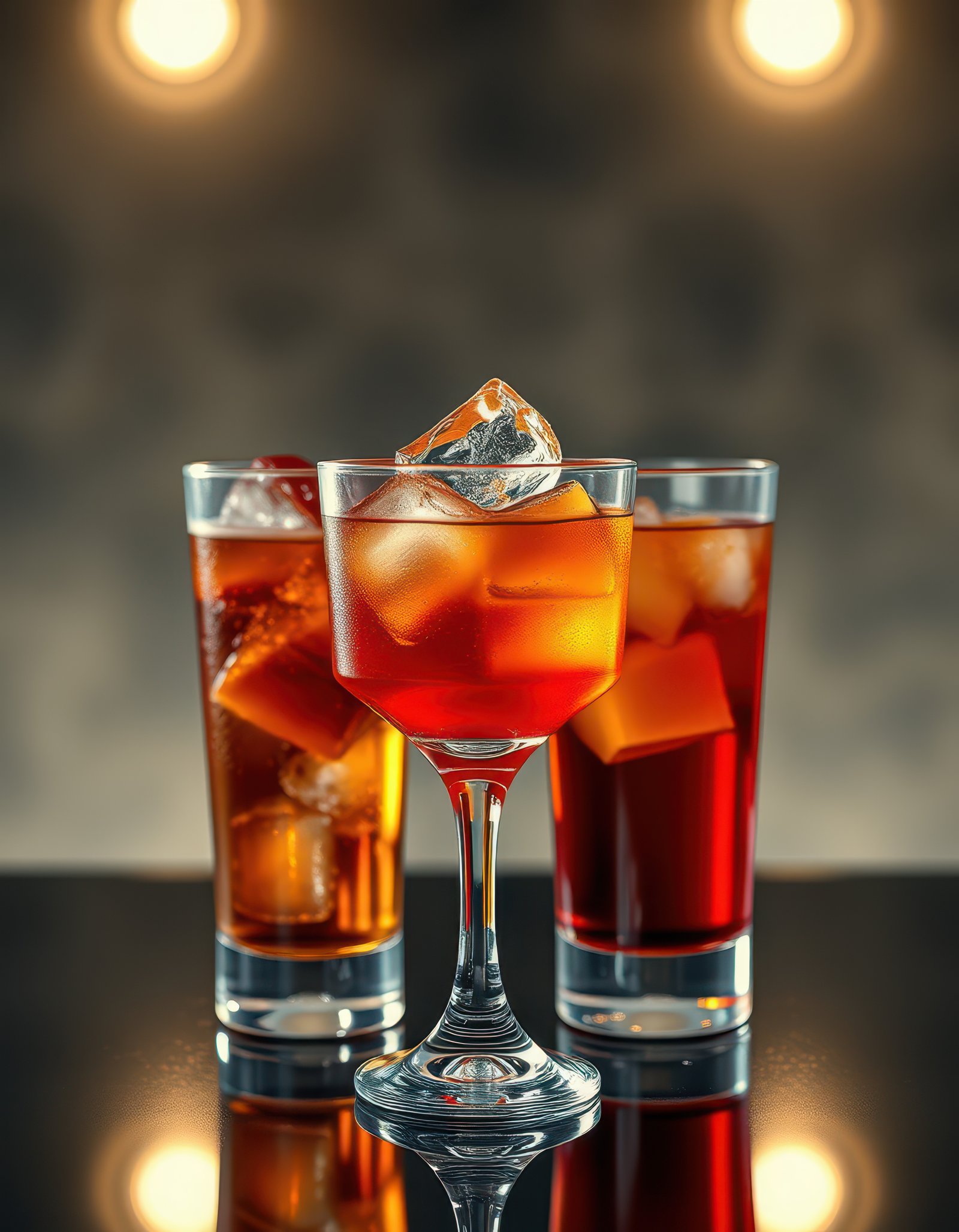 Refreshing cocktail drinks served with ice in elegant glasses on a dark bar counter